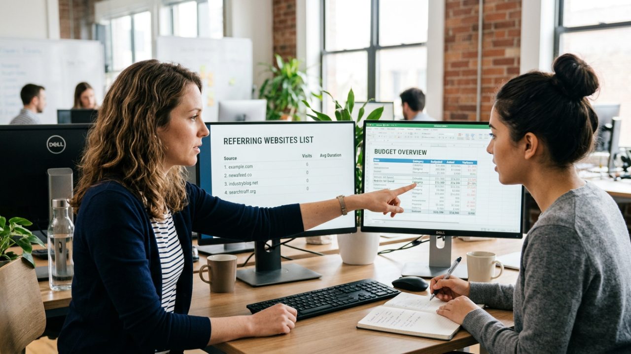 Deux collègues comparant une liste de sites référents et un tableau de budget sur deux écrans