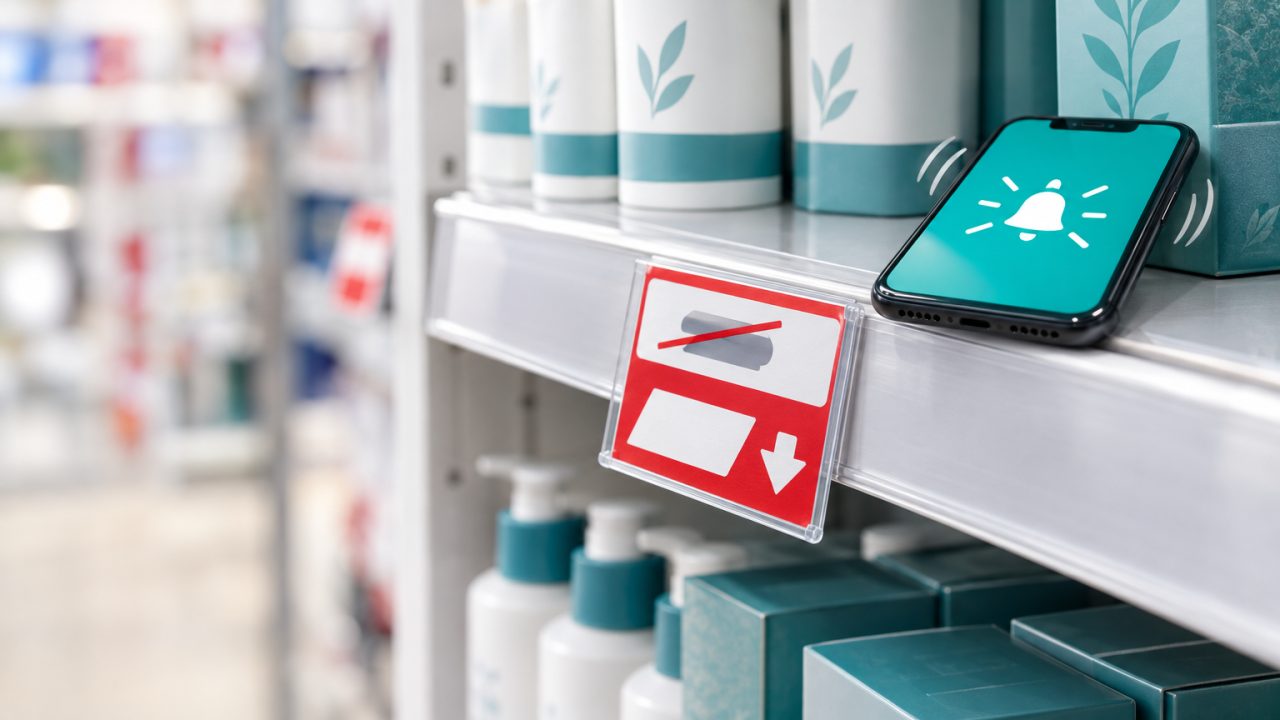 Étiquette de prix barrée et remplacée par un prix plus bas sur un présentoir de magasin, smartphone qui vibre à côté