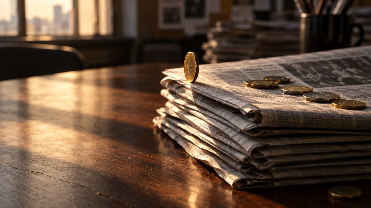 Quelques pièces de monnaie posées sur une pile de journaux pliés, lumière de fin de journée