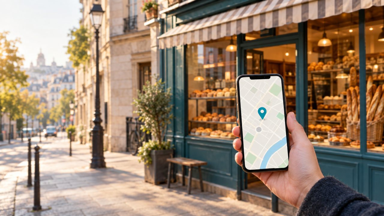 Devanture d'une boulangerie de quartier, smartphone tenu au premier plan affichant une carte avec un repère