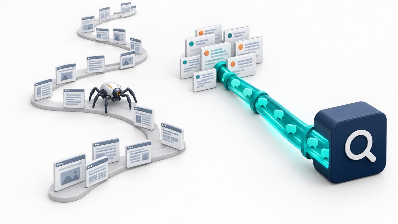 Schéma en relief : un robot parcourt lentement un chemin de pages web pendant qu'un tuyau lumineux envoie directement des messages de forum vers un bloc de recherche