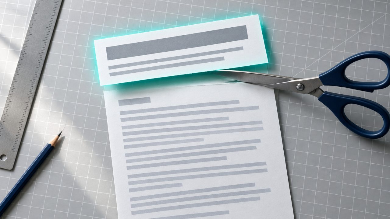 Page imprimée découpée aux ciseaux juste sous le titre et deux lignes, la bande conservée éclairée en turquoise