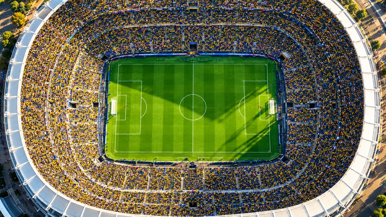 Foule d'un stade vue du ciel, des milliers de spectateurs colorés
