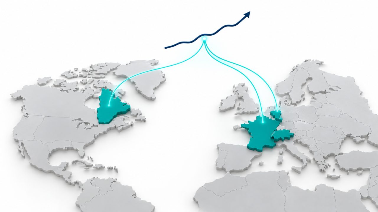 Carte en relief où la France, la Belgique, la Suisse et le Québec sont surlignés, leurs flux convergeant vers une seule courbe