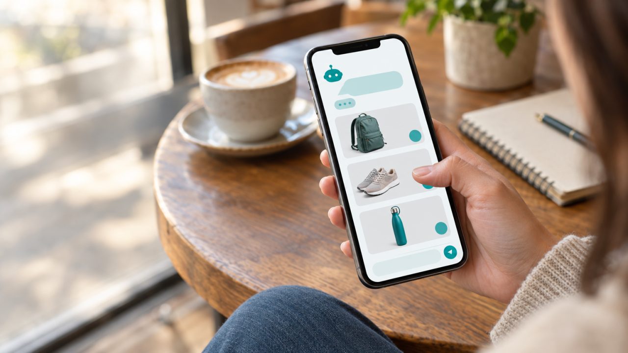 Main tenant un smartphone où un assistant conversationnel présente trois fiches produits avec leurs photos