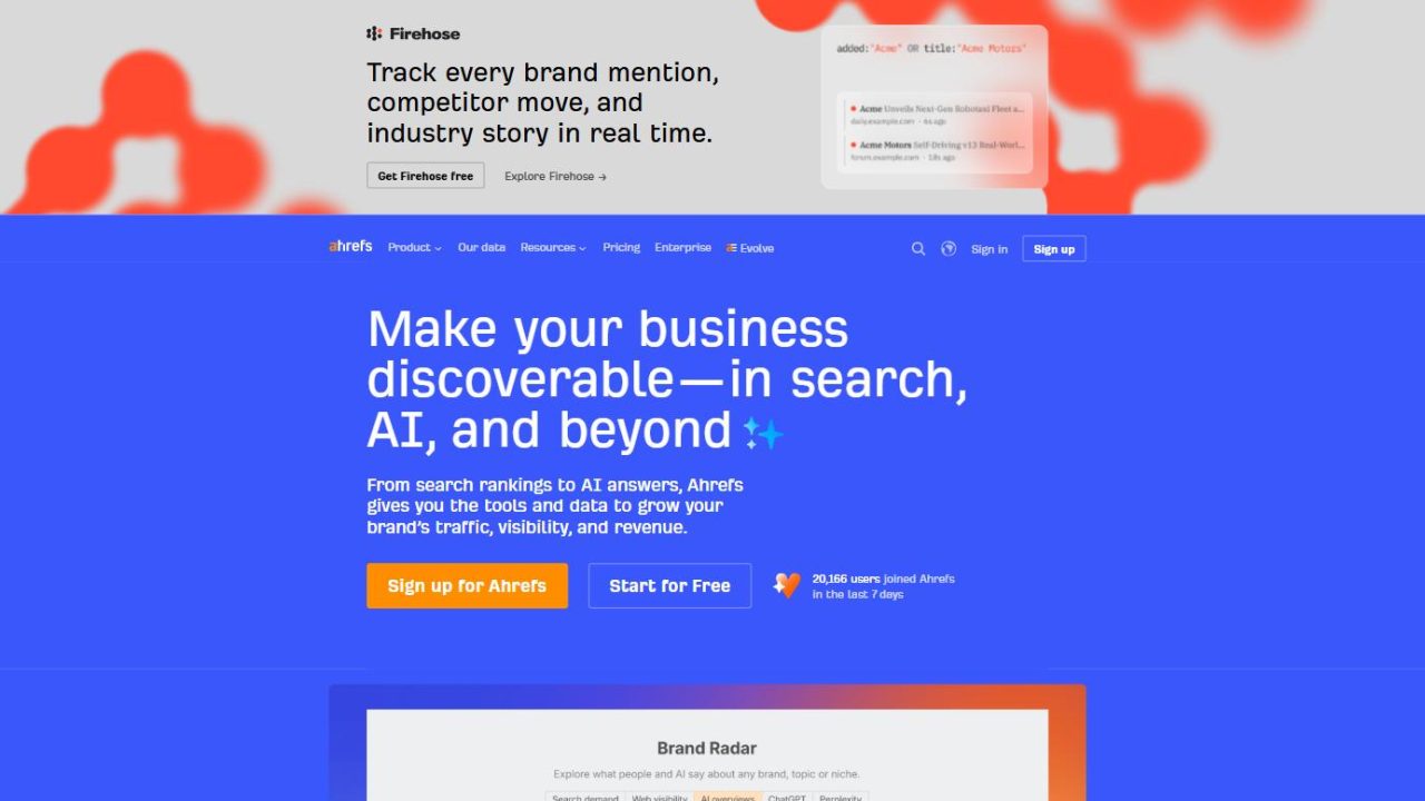 Page d'accueil d'Ahrefs, « Make your business discoverable in search, AI, and beyond », avec un aperçu du module Brand Radar.