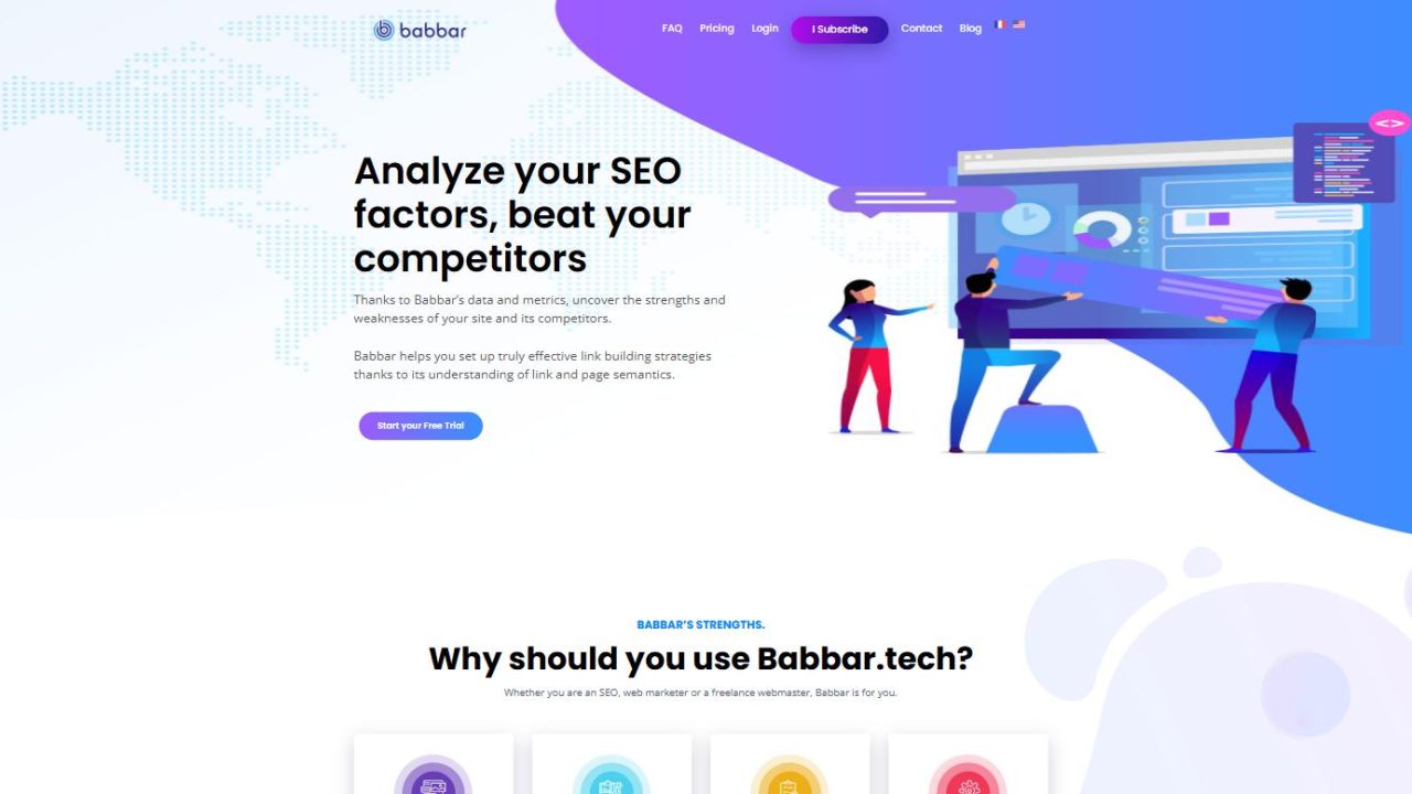 Page d'accueil de Babbar, « Analyze your SEO factors, beat your competitors », avec son illustration d'équipe et son bouton d'essai gratuit.