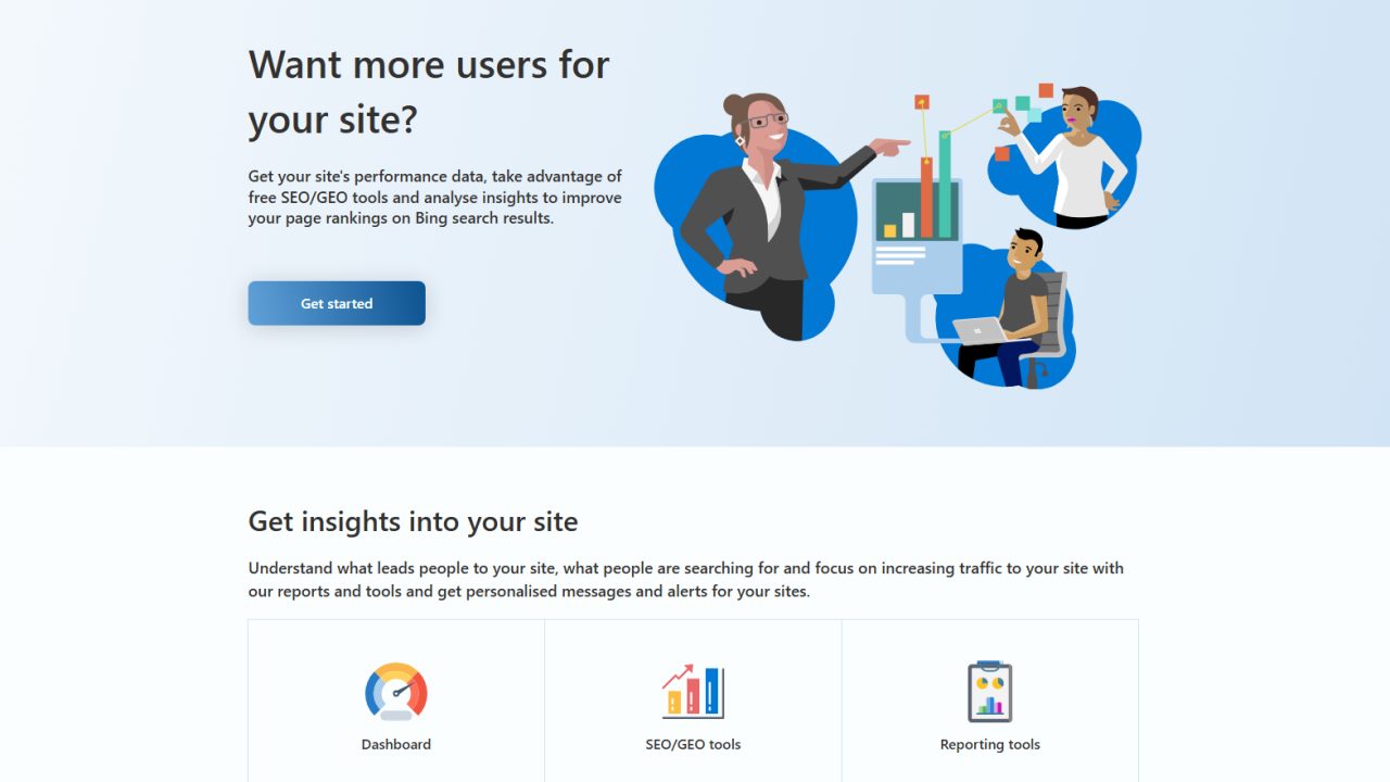 Page d'accueil de Bing Webmaster Tools