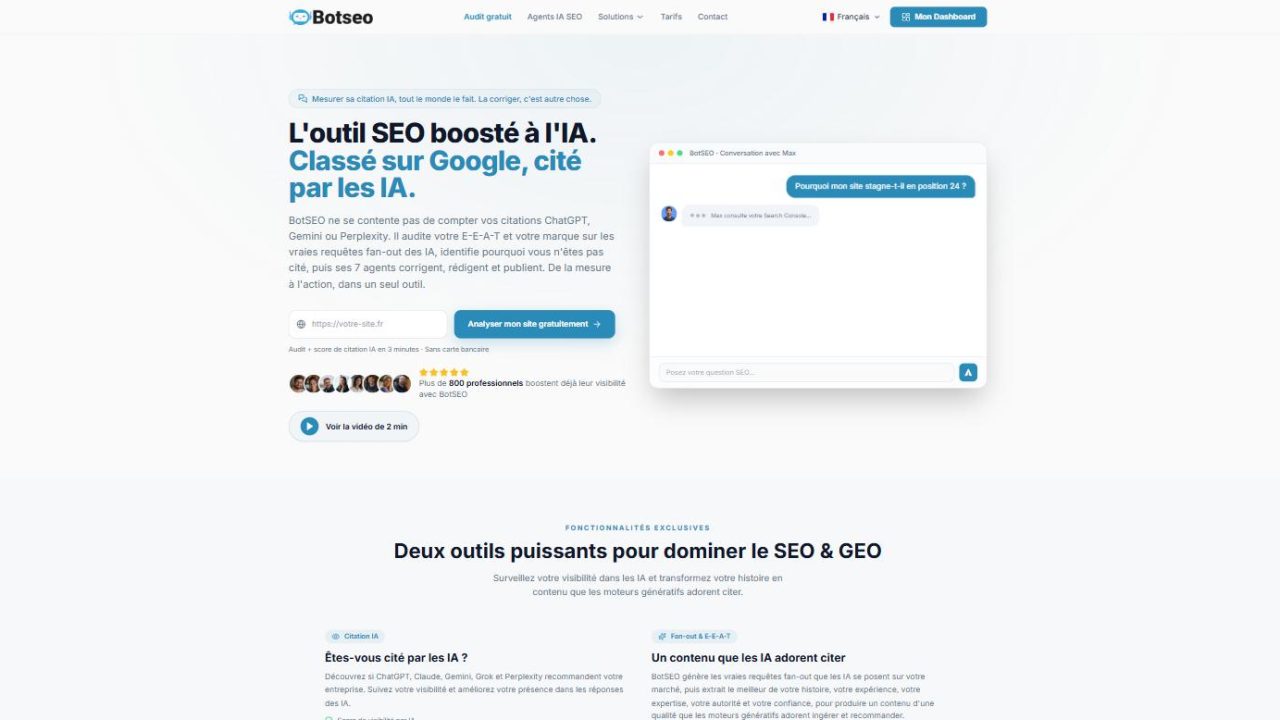 Page d'accueil de BotSEO : « L'outil SEO boosté à l'IA. Classé sur Google, cité par les IA », avec le champ d'analyse de site et une conversation avec l'agent Max.