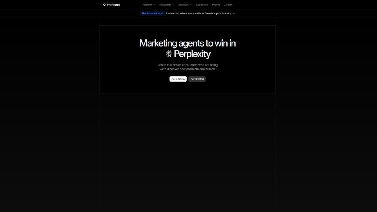 Page d'accueil de Profound, « Marketing agents to win in Perplexity », sur fond noir.