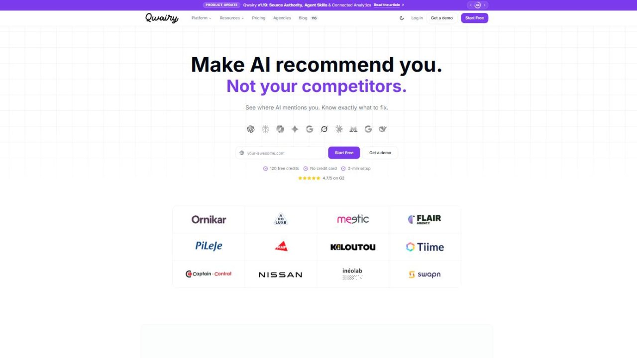 Page d'accueil de Qwairy : « Make AI recommend you. Not your competitors. », les logos des moteurs suivis et ceux des marques clientes.