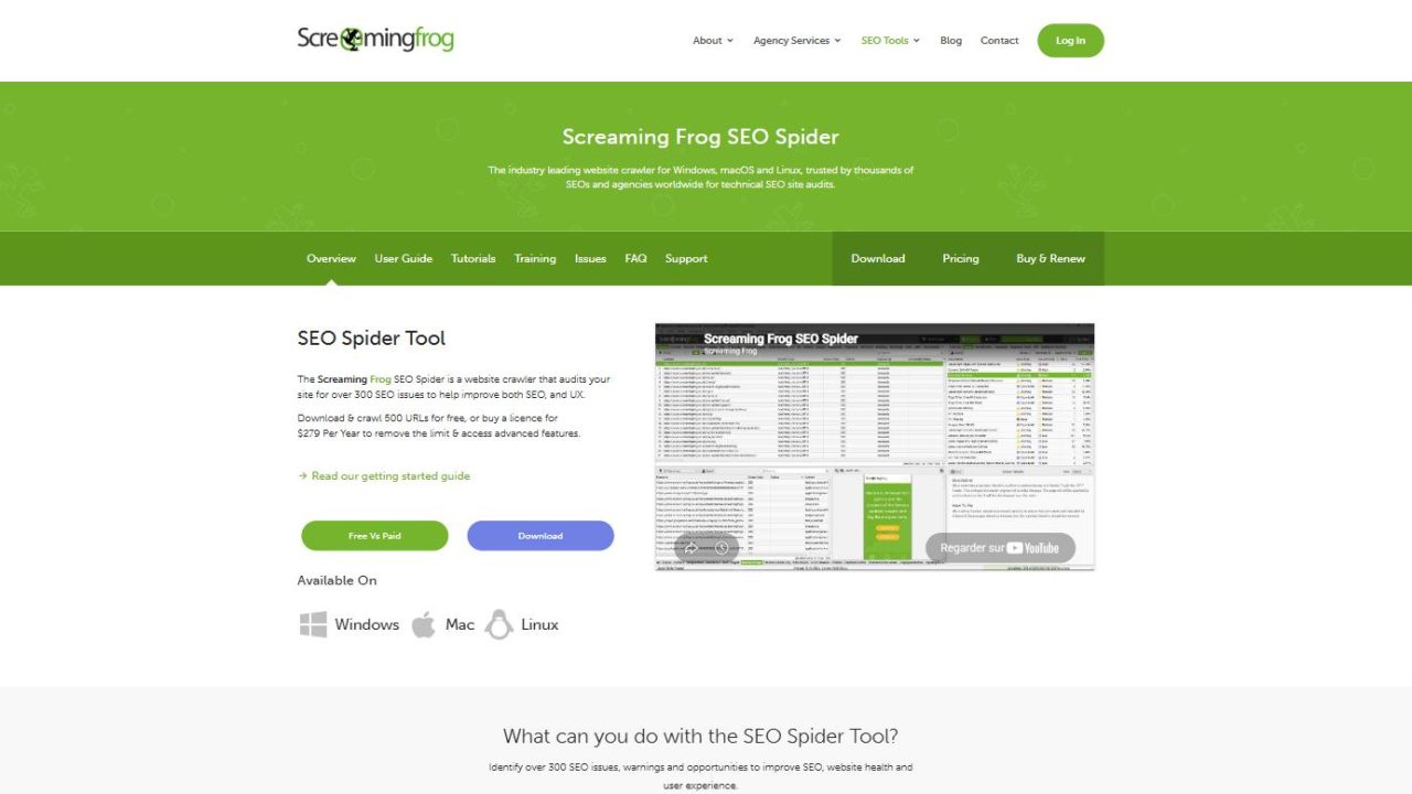 Page du SEO Spider de Screaming Frog, avec une copie d'écran du logiciel et les systèmes pris en charge : Windows, Mac et Linux.