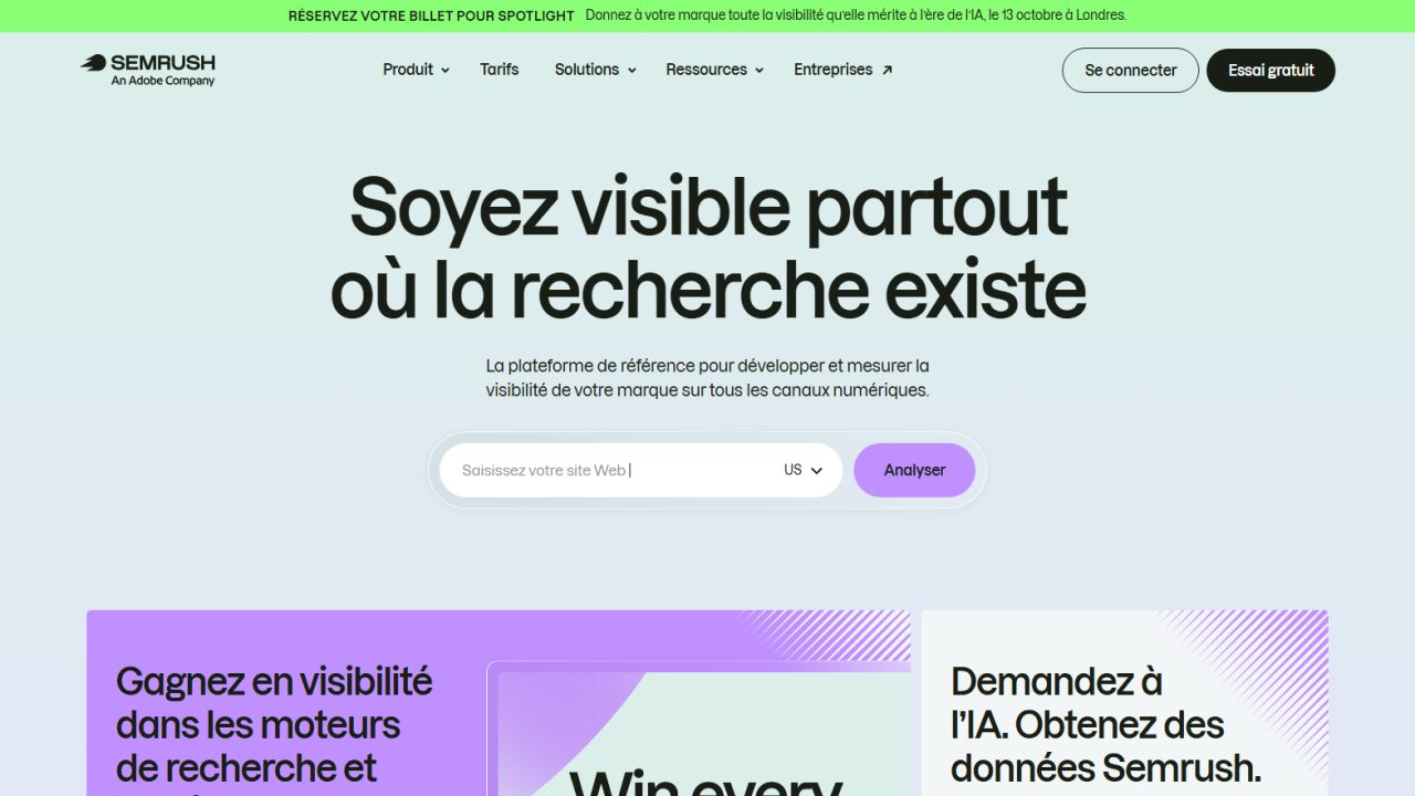 Page d'accueil de Semrush