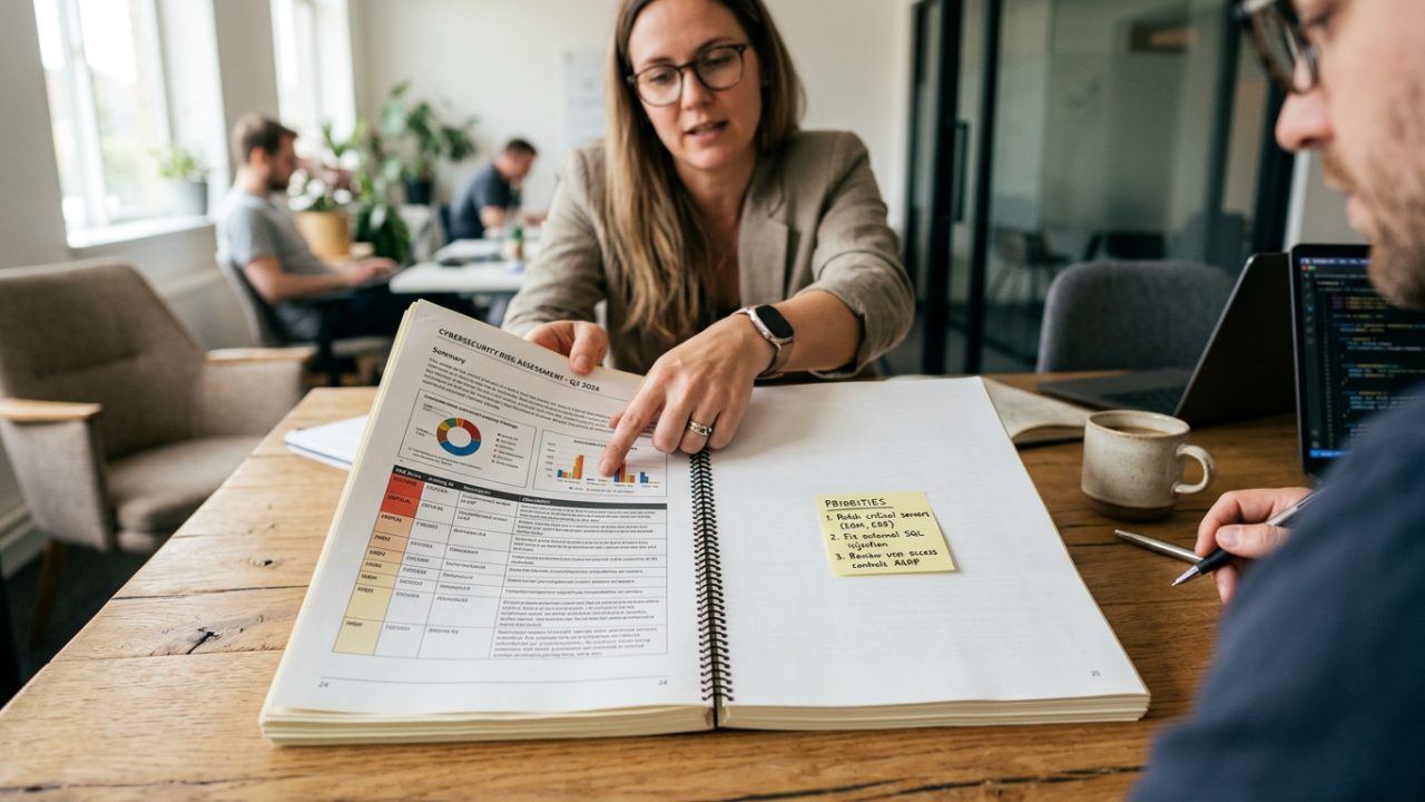 Rapport d'audit imprimé ouvert, une page de constats automatiques face à trois priorités notées à la main