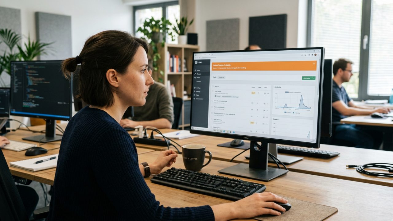 Développeur devant l'écran d'administration d'un site affichant une mise à jour en attente