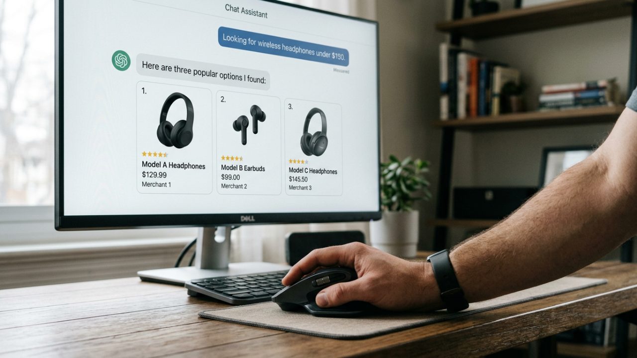 Réponse d'assistant présentant trois fiches produit avec photo, prix et marchand