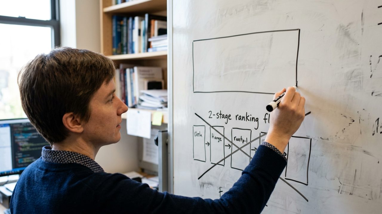 Main traçant au tableau un schéma de classement à deux étages remplacé par un seul bloc