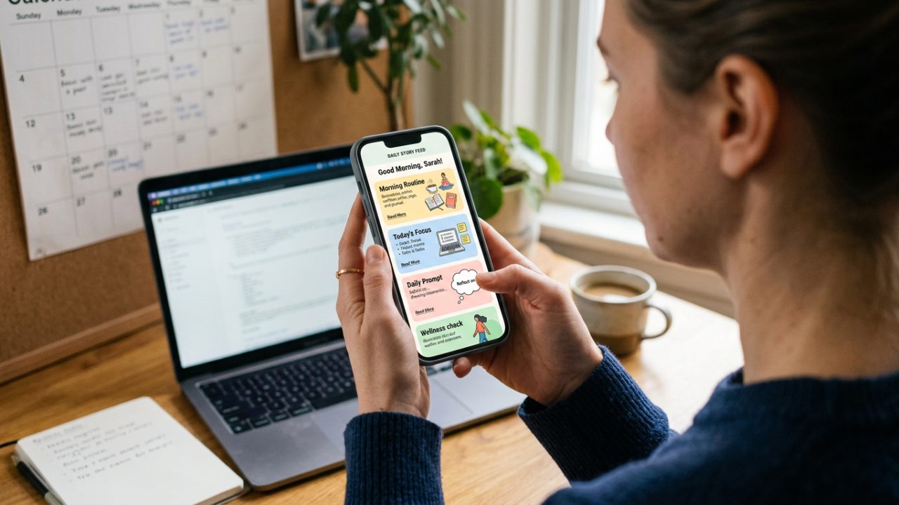 Téléphone affichant un fil d'histoires personnalisées composé de cartes illustrées
