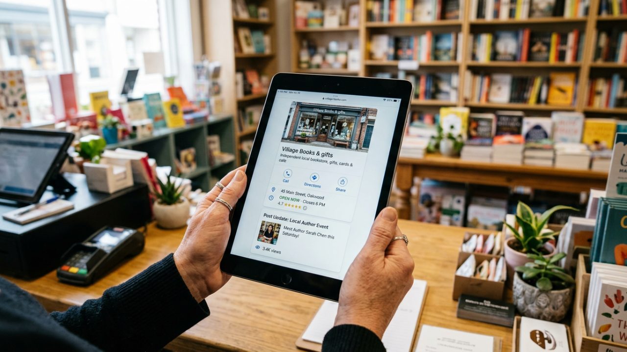 Tablette affichant une publication de fiche d'établissement et son compteur de vues