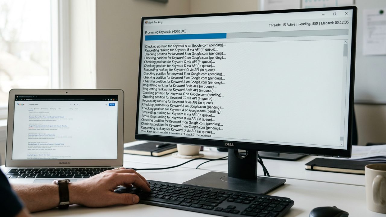 Écran d'un outil de suivi de positions affichant une longue file de requêtes en cours