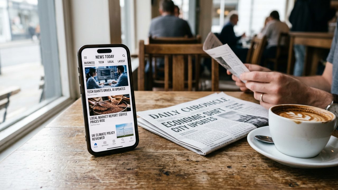 Téléphone affichant l'accueil d'une application d'actualité, journal plié et café à côté