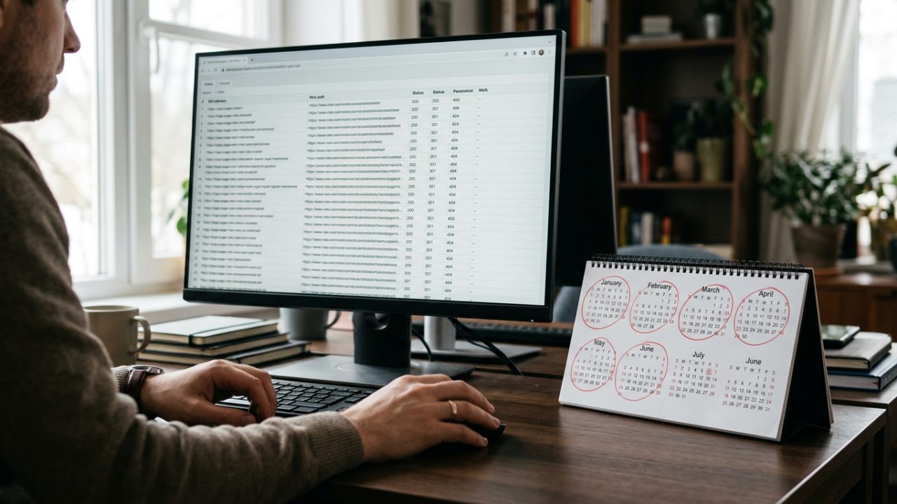 Écran affichant un tableau de redirections avec codes de statut, calendrier ouvert à côté