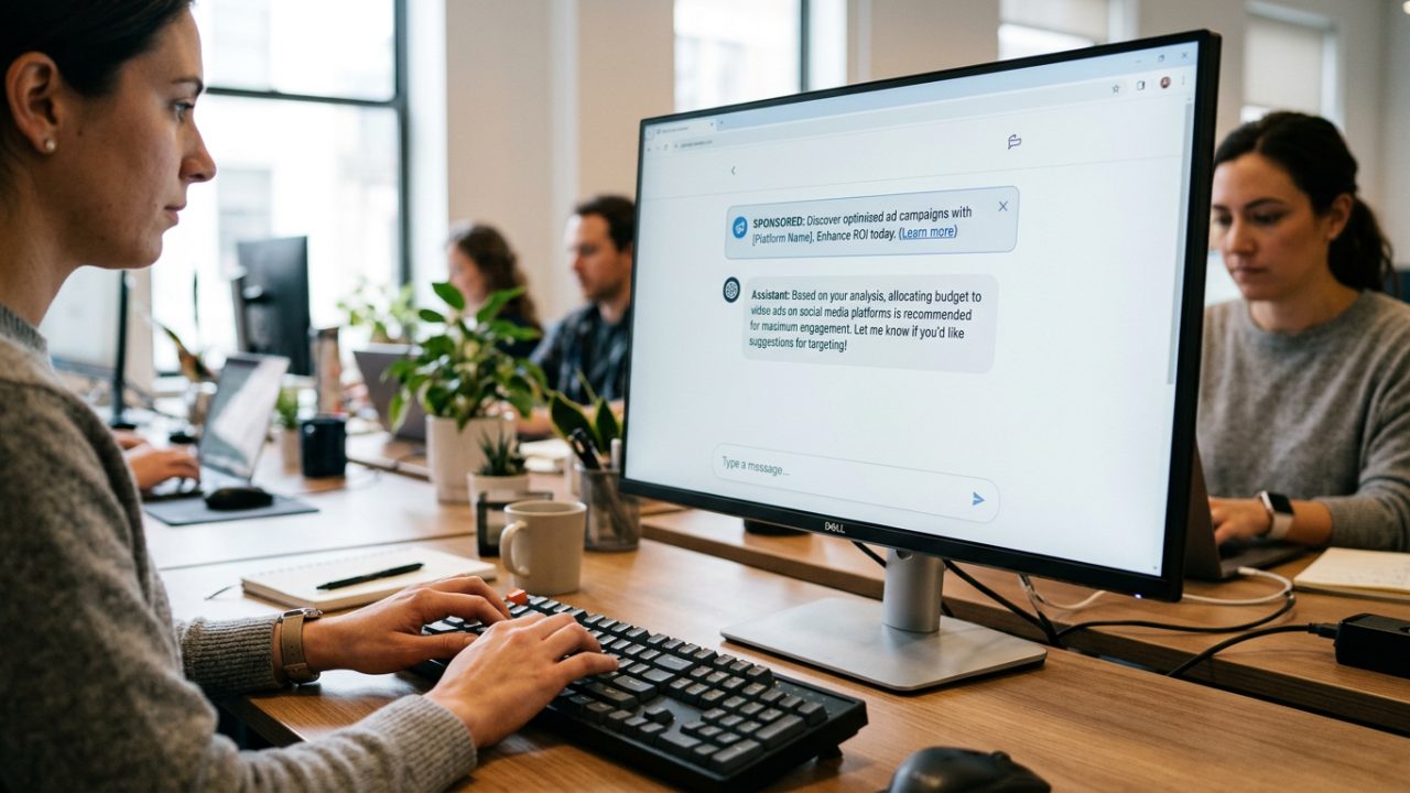 Réponse d'assistant surmontée d'un bloc publicitaire clairement identifié