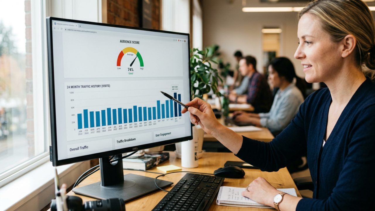 Écran affichant un score d'audience de site et son historique mensuel en barres