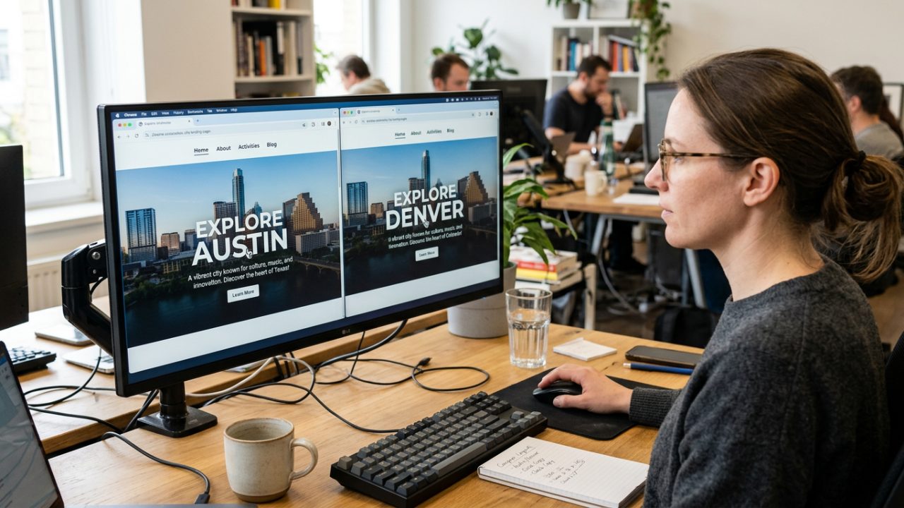 Deux pages de destination presque identiques affichées côte à côte, seul le nom de ville change
