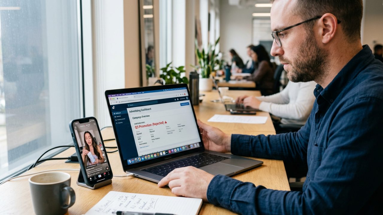 Écran de compte publicitaire affichant une campagne refusée, téléphone avec une vidéo verticale à côté