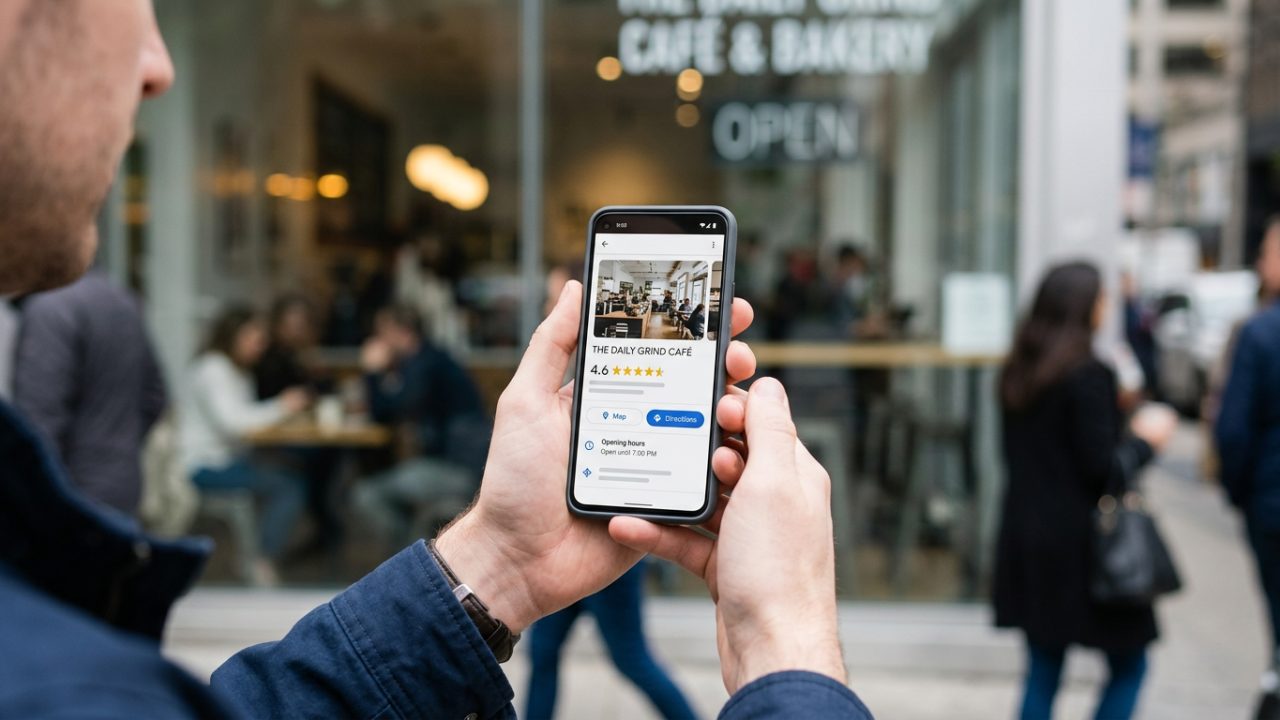 Téléphone affichant la fiche d'un commerce local devant la vitrine du commerce lui-même