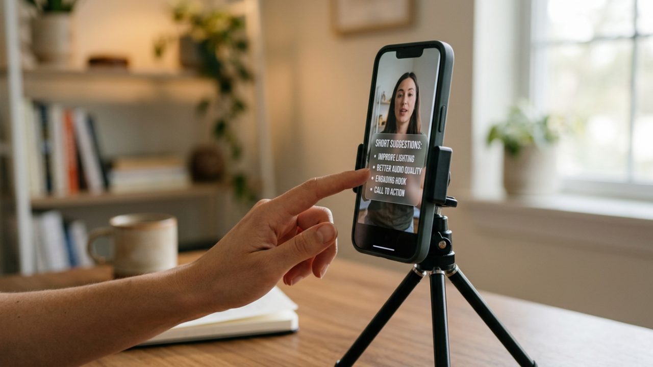 Téléphone sur trépied affichant une vidéo verticale et un panneau de suggestions avant publication